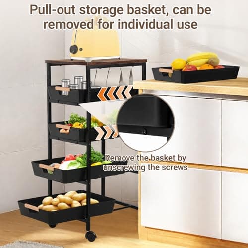 Aukivon Fruit Vegetable Cart for Kitchen, 5-Tier Storage Cart on Wheels with Wood Top, Pull Out Drawers, Rolling Storage Cart for Bedroom, Bathroom, Includes Hanging Box, Hooks and Labels, Black - Thumbnail 6