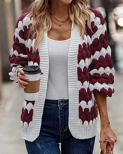 KIRUNDO Women's 2026 Fall Open Front Knitted Cardigan Cable Knit Striped Color Block Lantern Sleeve Casual Short Cardigan Sweater Winter Clothes(Wine Red, Small) - Thumbnail 4