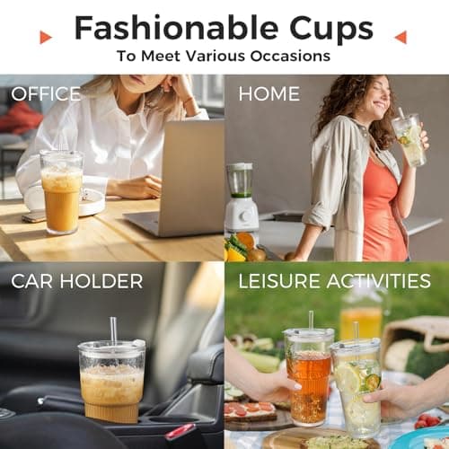 Colnic 4PCS 20oz Glass Cups with Lids and Straws, Iced Coffee Cups with Lids, Stylish Ribbed Thick Drinking Glasses Tumbler for Juice, Smoothies, Cold Beverages, Cute Cup Gifts with Clean Brush - Thumbnail 5