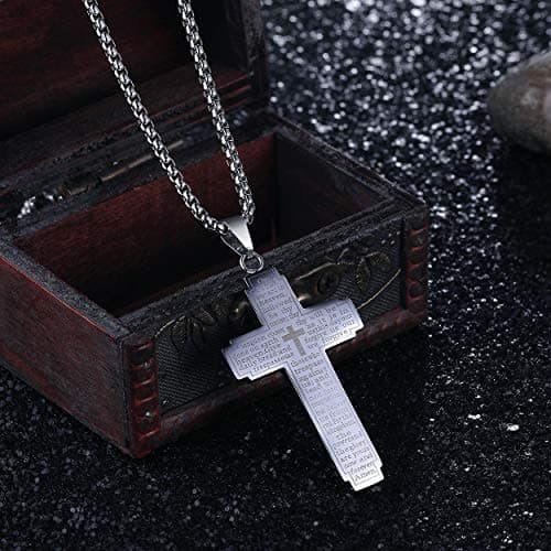 Rehoboth Stainless Steel Our Father Lord's Prayer Cross Pendant Necklace for Women Men Chain 24 Inch Silver - Thumbnail 2