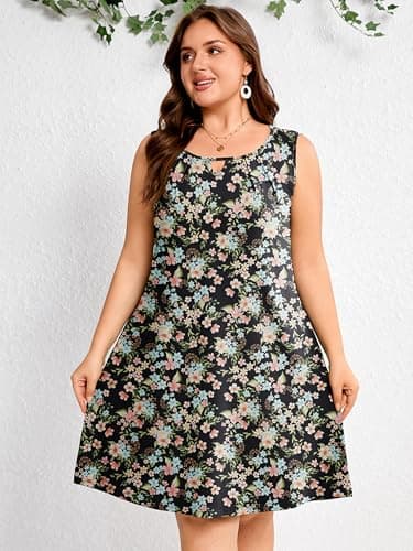 AusLook Plus Size Floral Midi Dress for Women Sleeveless Casual A Line Swing 5X Dress with Pockets Keyhole Neck Summer Beach Vacation Travel Dress - Thumbnail 5