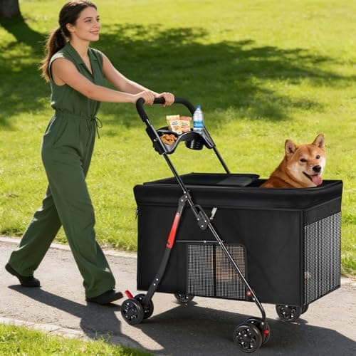 Medium Dog Stroller for Large Dogs, Pet Stroller for Medium Dogs Up to 100lbs, All-Terrain with Handle & Canopy, Storage Organizer, Waterproof Oxford Fiber Black