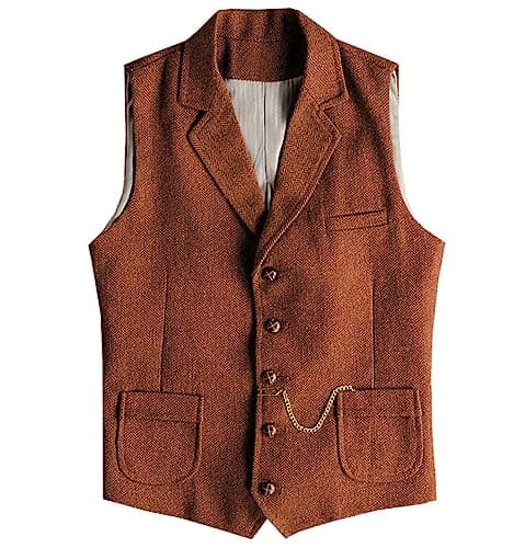 AeoTeokey Men's Tweed Suit Vest Western Herringbone Wool Casual Waistcoat for Groomsman (Orange,X-Small) - Image 1