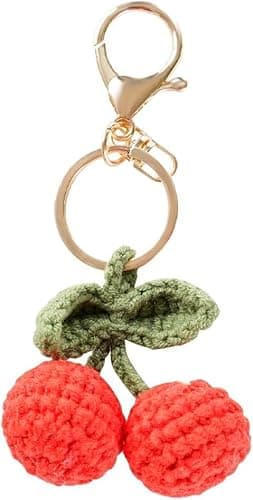 Handmade Crochet Cherry Keychain, Cute Knitted Red Fruit Bag Charm, Coquette Aesthetic Backpack Accessories for Teen Girls, Soft Plush Purse Pendant Car Key Ring Gift for Women - Image 1