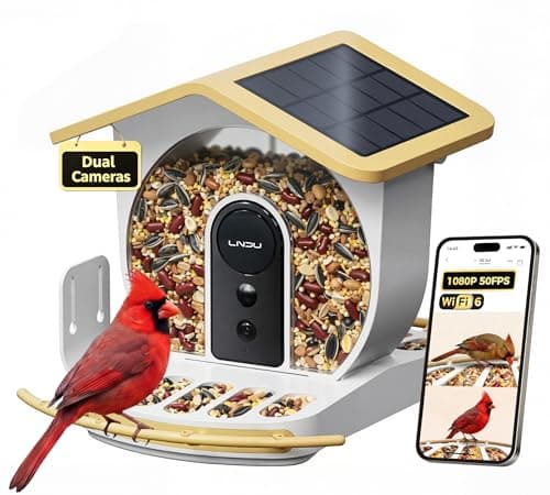 Bird Feeder with Camera, Dual Cameras 1080P 50FPS Smart Bird Feeder for Outside, AI Bird Recognition, Solar Powered WiFi 6, IP65 Waterproof