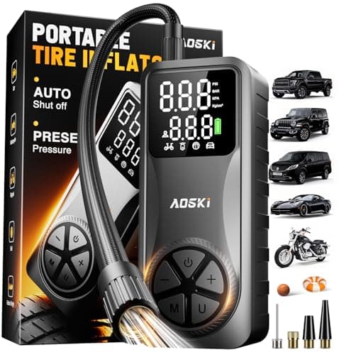 AOSKI Tire Inflator Portable Air Compressor: 150PSI Rechargeable Air Pump with Digital Pressure Gauge, LED Light and Auto Shut-Off - Fast Inflation for Car, Motorcycle, Bike, and Ball - Black - Image 1