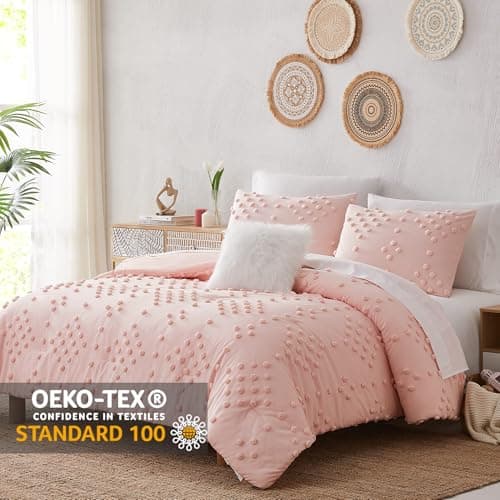 Geniospin Pink Queen Comforter Set for Girls- 7 Pieces Pom Tufted Bed in A Bag Twin Bedding Sets with Sheets, Pillowcases & Shams, All Season Kids Comforter Set - Thumbnail 2