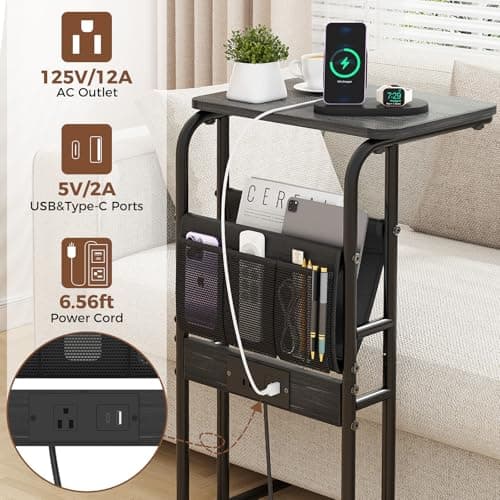Olldide C Shaped End Table with Charging Station, Side Table for Living Room Bedroom, Slide Under Couch Sofa TV Trays Desk, Small Narrow Space Applicable, Black - Thumbnail 3