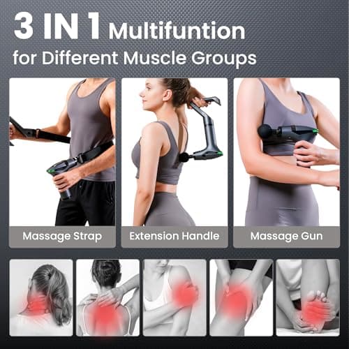 Detachable 3-in-1 Massage Gun with Extension Handle & Massage Strap, Back Pain Relief Percussion Muscle Massager for Neck Shoulder, 12 Speeds &12mm Amplitude for Hard-to-Reach Areas, Quiet & Portable - Thumbnail 2
