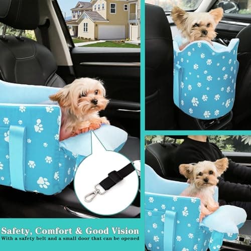 Cullaby Center Console Dog Car Seat for Small Dogs Under 15lbs,Detachable Washable Booster Pet Car Seat Travel Bed with Storage Pockets and Seat Belt(Blue) - Thumbnail 4
