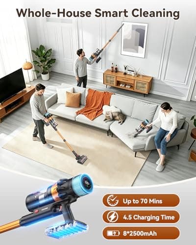 TechRise Cordless Vacuum Cleaner, 58KPA 680W 70Mins Stick Vacuum with LED Touchscreen, 3+1Smart Modes, Anti-Tangle & 8-in-1 Filter, Self-Standing Cordless Vacuum for Home/Pet Hair/Carpet/Floor - Thumbnail 4