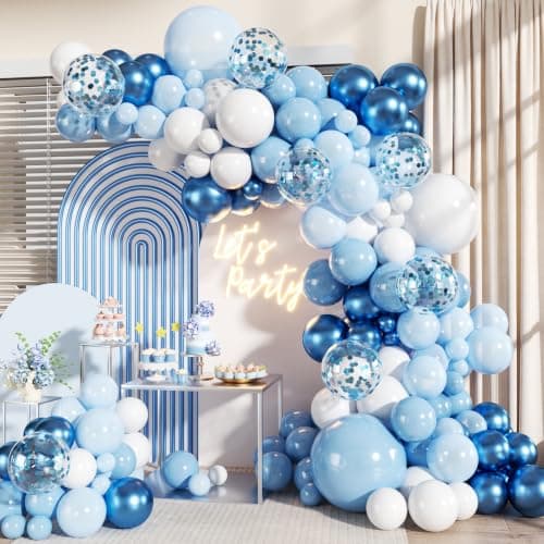 Blue Balloons Arch Kit, 140Pcs Metallic Light Blue and White Balloon Garland Arch Kit Confetti Balloons with Star for Wedding Bridal Shower Baby Shower Birthday Party Decorations