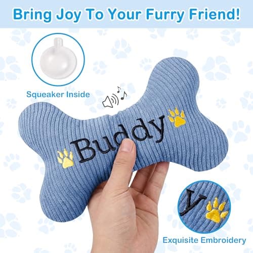 2026 Squeaky Dog Toys, Embroidered Bone Shape Blue Corduroy Pet Pillow 8"x5" with Black "Buddy" Text Cute Soft Cotton Filled Dog Chew Puzzle Toy Birthday Holiday Fun Gifts for Small Medium Large Dogs - Thumbnail 2