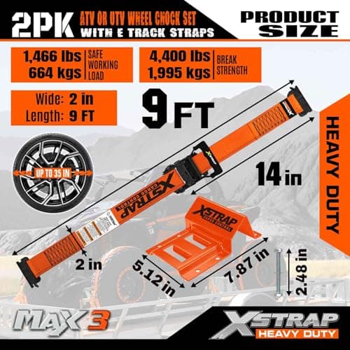 XSTRAP STANDARD Wheel Chock E-Track Tie Down Straps Kit, 2 Pack 2’’ x 9FT Over-The-Tire Ratchet Straps with Steel Wheel Chocks, 1466 lbs WLL for ATV, UTV, Lawn Mower, Trailer Hauling, Orange - Thumbnail 3
