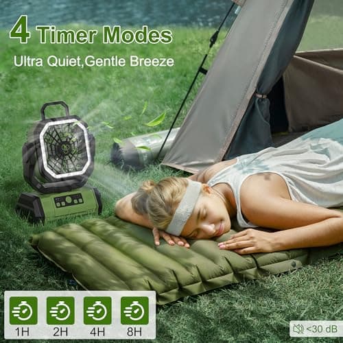 Honesorn Portable Rechargeable Fan 20000mAh, Camping Fan with LED Light & Remote, USB C Cordless Battery Powered, 4 Speeds Timer Hanging Hook for Travel Tent Outdoor Essentials - Green - Thumbnail 4