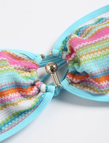 ZAFUL Women's Bandeau Bikini Sets Crochet Boho Stripe Bathing Suit for Women Bandeau Swim Top for Summer Party (Stripe Sky Blue XS) - Thumbnail 6