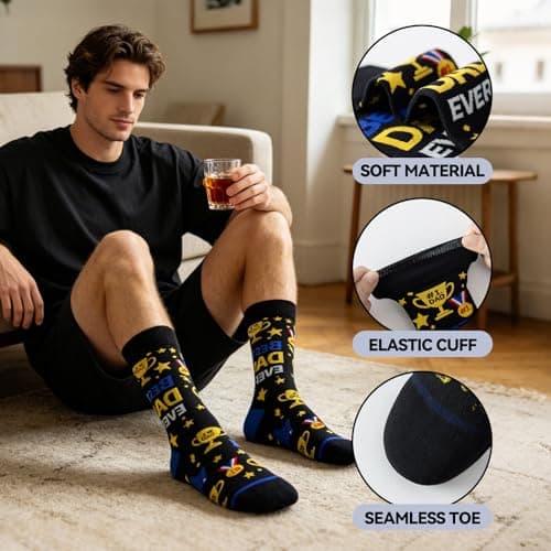 BONANGEL Men's Novelty Socks, Cotton Crew Funny Socks, Father's Day Birthday Christmas Gift for Dad from Daughter Son - Thumbnail 3