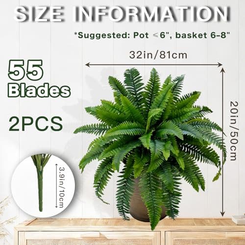 Senjie Artificial Boston Fern 2 Set Large 55 Branches Fake Ferns for Outdoors 35Inch Faux Plant for Home Living Room Office Decor - Thumbnail 2