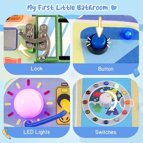 Teekdeer Busy Board Montessori Toys for Toddler 1-3 Year Old, Wooden Sensory Board with LED Light Switches,Bathroom Theme Travel Toys for 1+ Year Old Boy & Girl Birthday Gift - Thumbnail 3