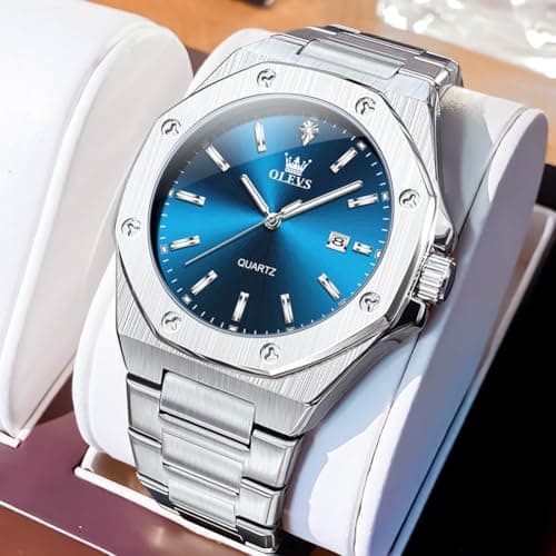 OLEVS Dress Watches for Men Quartz Movement Waterproof Men's Wrist Watch Silver Stainless Steel with Blue Face Luxury Business Watch for Men Suitable for Casual Social Events Surprise Gift for Him - Thumbnail 2