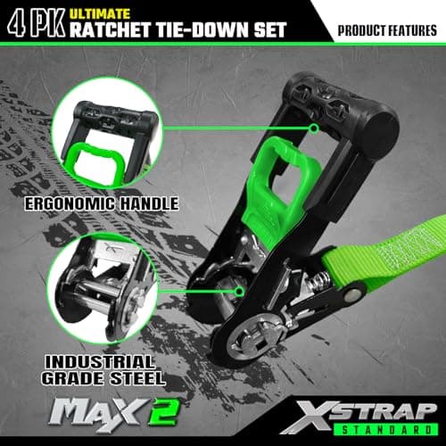 XSTRAP Motorcycle Tie Down Strap (4PK) - 2,200lb Break Strength 1" x 15ft Ratchet Tie Down Straps Set, Soft Loop Ratchet Straps for Moving Appliances, Lawn Equipment, Cargo Straps for Trucks, Green - Thumbnail 4