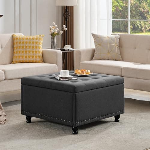 Tbfit Large Square Storage Ottoman Bench, Tufted Upholstered Coffee Table with Storage, Oversized Storage Ottomans Toy Box Footrest for Living Room, Dark Grey - Image 1