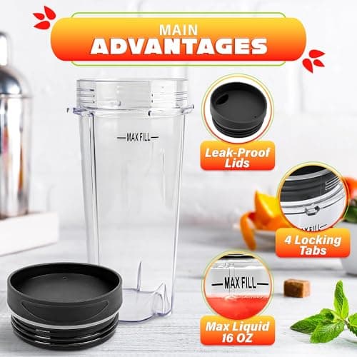 2Pcs Single Serve Blender Cup with Lid - 16 Oz Cup Blender for Smoothies Ninja Blender Cups Replacement - 4 Tabs Single Serving Blender Bottle Lid For Bl770 Bl780 Bl660 Bl740 Nutri Ninja Blenders - Thumbnail 5