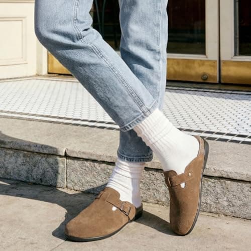 Athlefit Cork Clogs for Women Adjustable Buckle Antislip Leather Brown Clogs with Arch Support Slip On Potato Shoes for Fall Casual Work Vacation Home 8.5 - Thumbnail 3