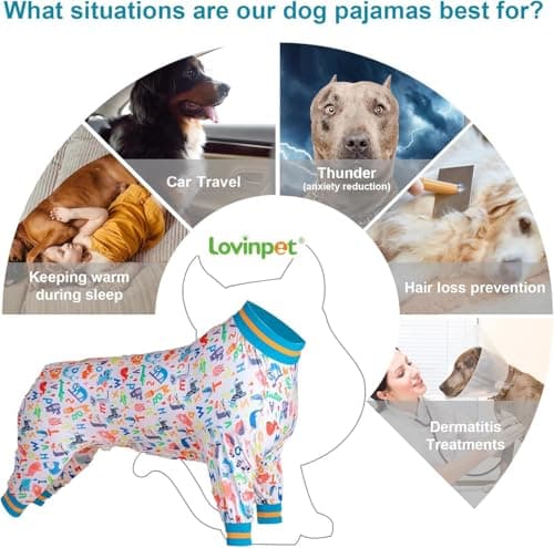 LovinPet Dog Onesie for Surgery Male Large Breed, Undershirt for Pitbull Dog,Lightweight Stretchy Flannel Fabric,White Noah's Ark Alphabet Print,Big Dog Jammies,Uv Protection Shirt,Easy to Wear,2XL - Thumbnail 4