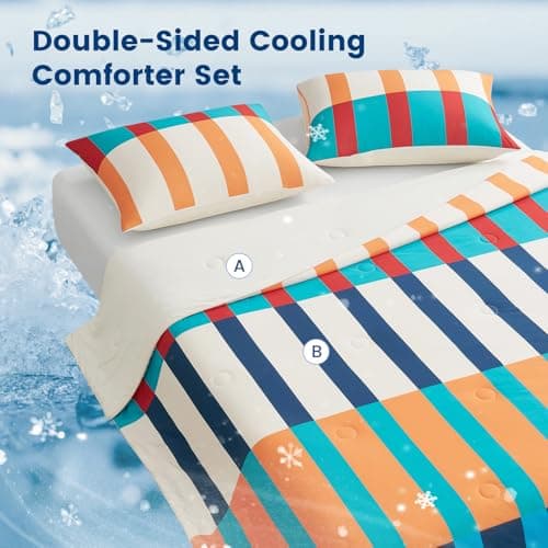 Snuggle Sac Mediterranean Stripe Cooling Comforter Twin Size Set, Q-Max ＞0.45 Cooling Blanket for Hot Sleepers & Night Sweats, Double-Sided Lightweight Breathable Summer Quilt, 68x90 Multi Orange - Thumbnail 2