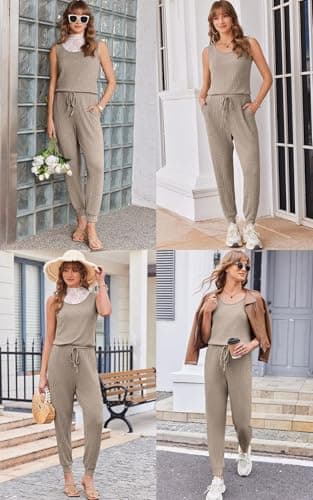 Ekouaer Jumpsuits for Women Casual Summer Sleeveless 2026 Ribbed One Piece Romper Dressy Vacation Clothes Travel Outfits Khaki XL - Thumbnail 5