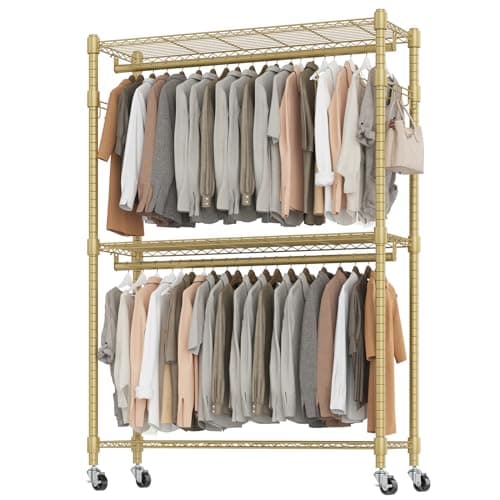 BATHWA Heavy Duty Garment Rack on Wheels, Rolling Clothes Racks for hanging clothes, Modern Closet Wardrobe Clothing Rack with 8 Side Hangers, Gold - Image 1
