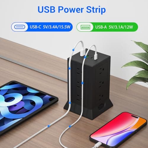 Power Strip Tower with Multiple Outlets, 10 Ft Extension Cord Flat Plug with 12 AC Outlets 4 USB Ports (2 USB C), Power Tower Surge Protector with Individual Switches for Home Office Dorm Room, Black - Thumbnail 4