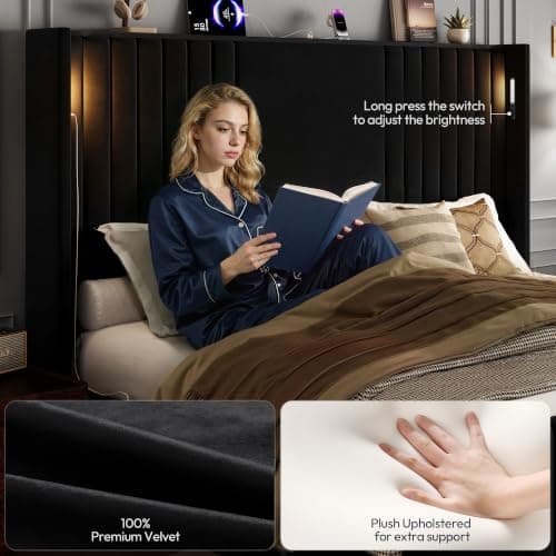 Uteeran King Size Bed Frame with 55.1" Tall Headboard, Velvet Upholstered Platform Bed with Channel Tufted Wingback, 2 Reading Lights/Storage Shelf/Charging Station/Easy Assembly/Noise-Free, Black - Thumbnail 4