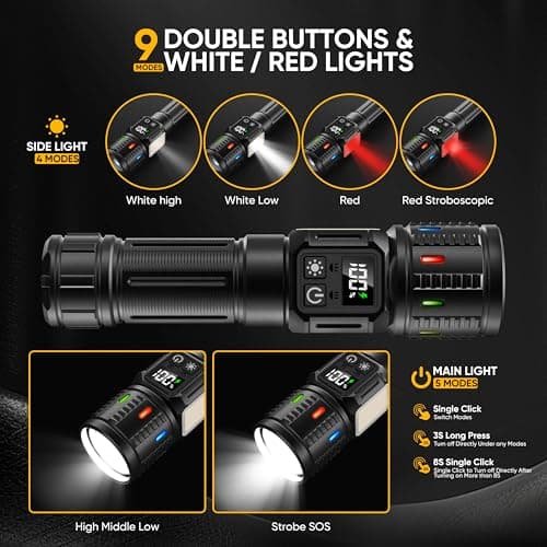 lesusnicy Rechargeable Flashlights High Lumens 100,000, Super Bright LED Flash Light Long Lasting USB C LCD Display, Dual Light Source & Buttons with Red Light, for Camping Hiking Emergency Home Gift - Thumbnail 3