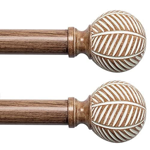 Wood Curtain Rods for Windows: 1 Inch Diameter Adjustable Drapery Rods 72" to 144", 2 Pack Heavy Duty Window Rod with Imitation Wood Grain Leaf Pattern Finials - Image 1