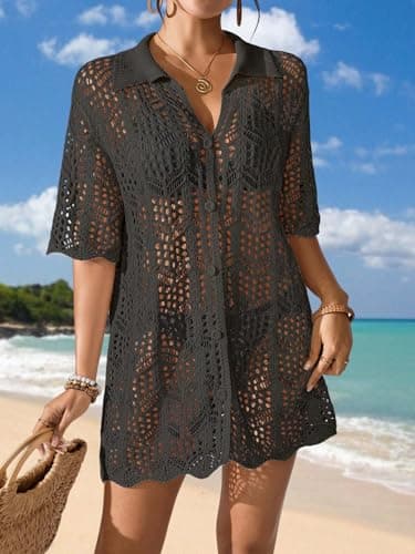 BreathSunny Womens Crochet Knit Swimsuit Coverup Caridgan Summer 2026 Polo Collar Button Front Hollow Out Mesh Swimwear Coverups Beach Swim Bikini Bathing Suit Cover Up Mini Shirt Dress Black L - Thumbnail 3