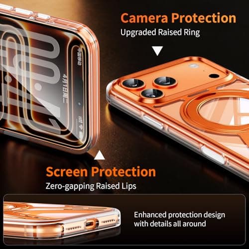 for iPhone 17 Pro Max Case with Stand, Magnetic iPhone 17Pro Max Case 360 Rotatable Ring Stand Compatible with MagSafe Mil-Grade Shockproof Aluminum Metal 17 Pro Max Case Translucent Slim Cover Orange - Thumbnail 5
