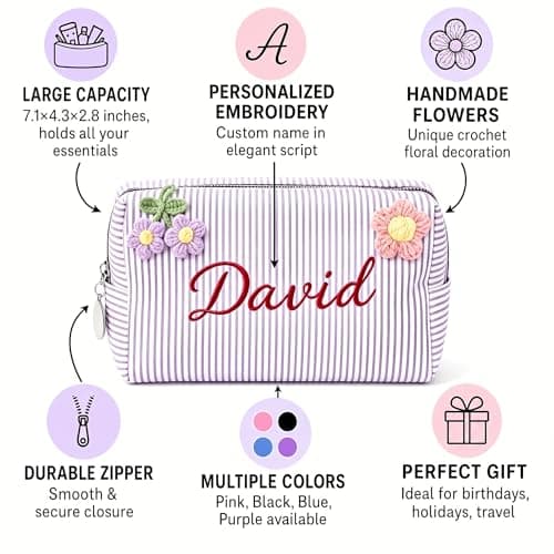 KEQHAULI Personalized Seersucker Makeup Bag – Custom Embroidered Name Cosmetic Bag, Monogram Toiletry Pouch for Women, Bridesmaid Bridal Proposal Gift, Travel Organizer for Mom, Best Friend - Thumbnail 2