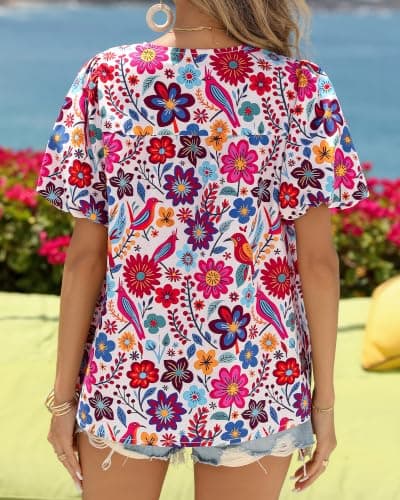KIRUNDO Boho Tops for Women Summer 2026 Dressy Floral Blouse V Neck Drawstring Short Sleeve Shirts Beach Vacation Clothes(White Multicolored, X-Large) - Thumbnail 3