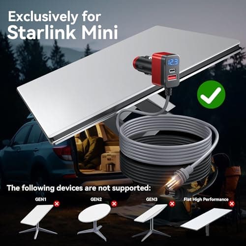 Starlink Mini Cable, 12V-24V Car Charger DC Power Cable+ Cigarette Lighter Adapter, LED Digital Display Durable Waterproof Cord 10FT/3M with USB C PD 30W and USB A Ports for Trucks and Car - Thumbnail 2