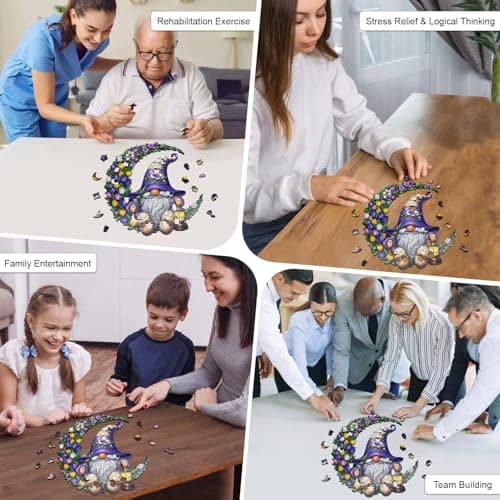 Gnome Wooden Puzzles for Adults, Flower Tulip Unique Shape Wooden Jigsaw Puzzle for Adults 200 Piece, Challenging Floral Moon Gnome Puzzles, Creative Gift for Friend Family Game Wall Decor 11*10.6in - Thumbnail 3