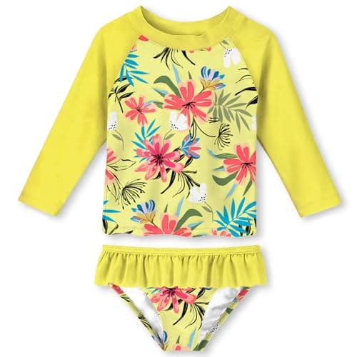 Funnycokid Girls Rash Guard Swimsuit Size 6 Floral Yellow Hawaiian Long Sleeve Bathing Suit 2 Piece Floral Swimwear Rash Guard Set Kid 6-7 Years - Image 1