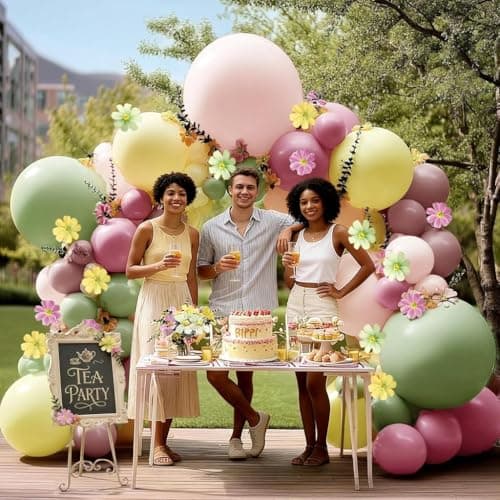 Pastel Pink Yellow Green Balloon Arch with Artificial Flower Double Stuffed Dusty Green Pink Peach Mauve Balloon Garland Kit for Tea Party Wildflower Spring Birthday Baby Shower Fairy Party Decor - Thumbnail 2