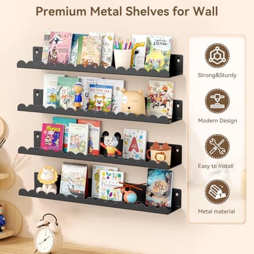 Gattlukd Floating Shelves for Wall, 23 Inch Metal Nursery Book Shelves 4 Pack, Wall Mounted Book Shelf for Kids Room, Bedroom, Bathroom, Playroom Decor (Black) - Thumbnail 3