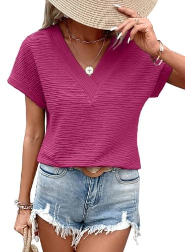 EVALESS Women's Cap Short Sleeve T Shirts 2025 Fashion Dressy Casual Spring Summer V Neck Loose Fit Textured Tops Plain Basic Tee Blouses Clothes,Rose Red XX-Large - Image 1