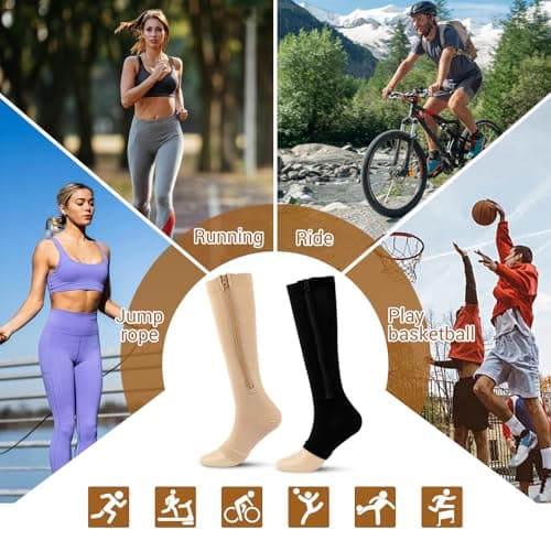 4 Pairs Zipper Compression Socks Women & Men, 15-20 Mmhg Compression Socks with Zipper, Medical Compression Socks with Zipper, Toeless Lining for Varicose Veins, Edema, Recover (Black/Beige Open Toe, Large-X-Large) - Thumbnail 5