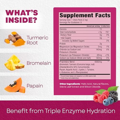 Bala Enzyme Hydration & Sugar Free Hydration Packets, Turmeric Drink Mix - May Contribute to Overall Wellness - Zero Sugar Electrolytes Powder Packets, Berry 0.25 oz. (30 Count) - Thumbnail 2