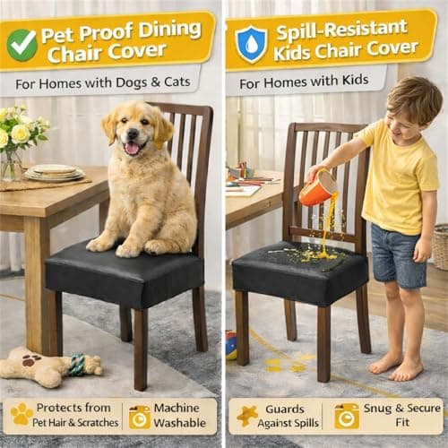 NILUOH Waterproof Seat Covers for Dining Room Chairs Set of 4, Pu Leather Chair Seat Slipcovers Removable Washable Chair Protctor Cover, Chair Slipcover for Family Dogs & Cats, Rear Covers (PU-Black) - Thumbnail 4