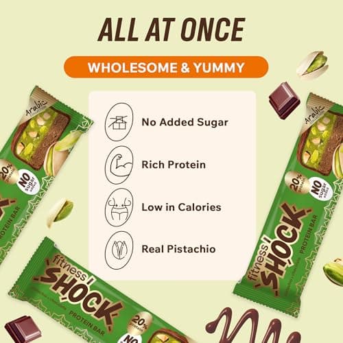 Fitness SHOCK Pistachio Chocolate Protein Bars - No Added Sugar, Low Calorie Low Carb Snack - 10g Protein, 0g Added Sugar, 180 Kcal, 15g Net Carbs, 8g Fat - 12 x 50g - Thumbnail 6